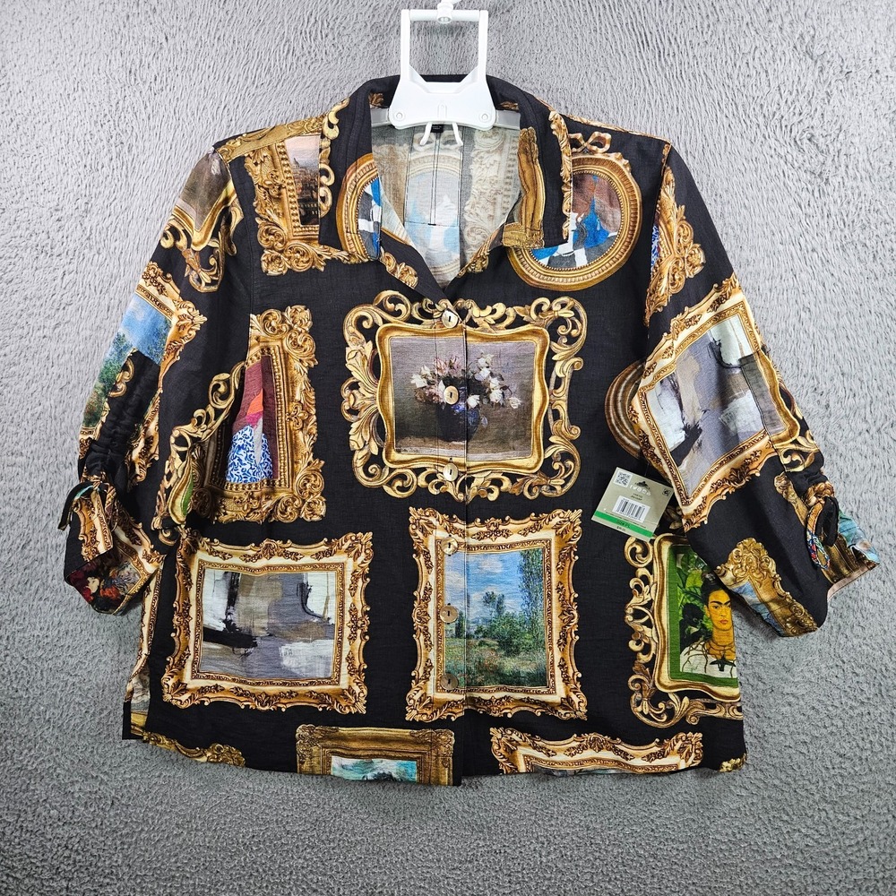 $99 NEW John Mark Shirt Top Women Petite Large Picture Frame Art Museum Button